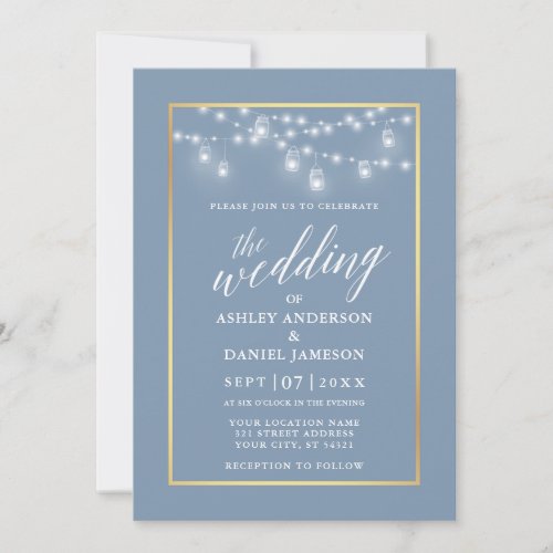 Calligraphy Dusty Blue Jar Lights Gold Wedding Invitation