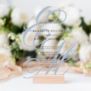 Calligraphy Dusty Blue Monogram Wedding Arch Acrylic Invitations