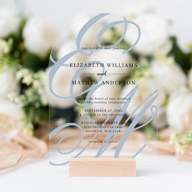 Calligraphy Dusty Blue Monogram Wedding Arch Acrylic Invitations (Creator Uploaded)