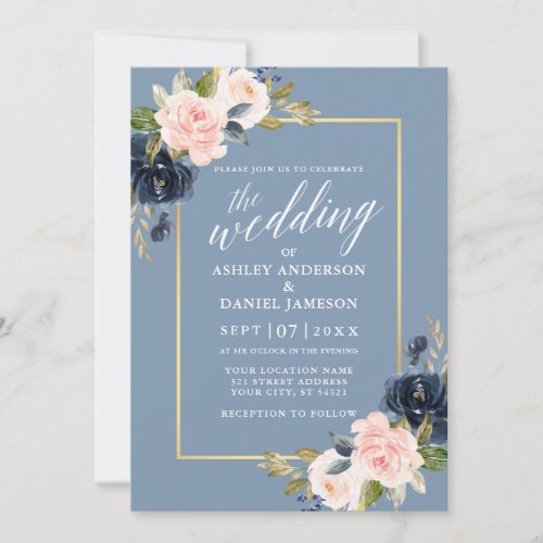 Calligraphy Dusty Blue Pink Floral Gold Frame Invitation