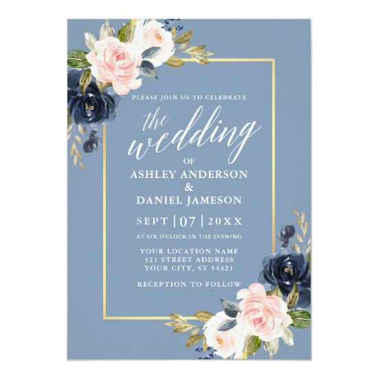 Calligraphy Dusty Blue Pink Floral Gold Frame Invitation