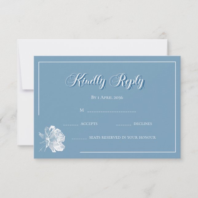 Calligraphy Dusty Blue White Floral RSVP Wedding  Note Card (Front)