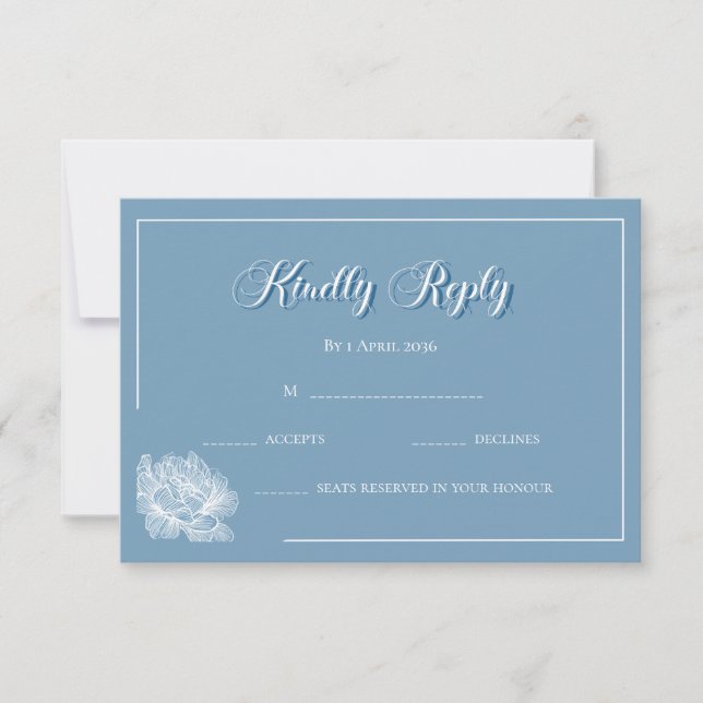 Calligraphy Dusty Blue White Floral Wedding  RSVP Card (Front)