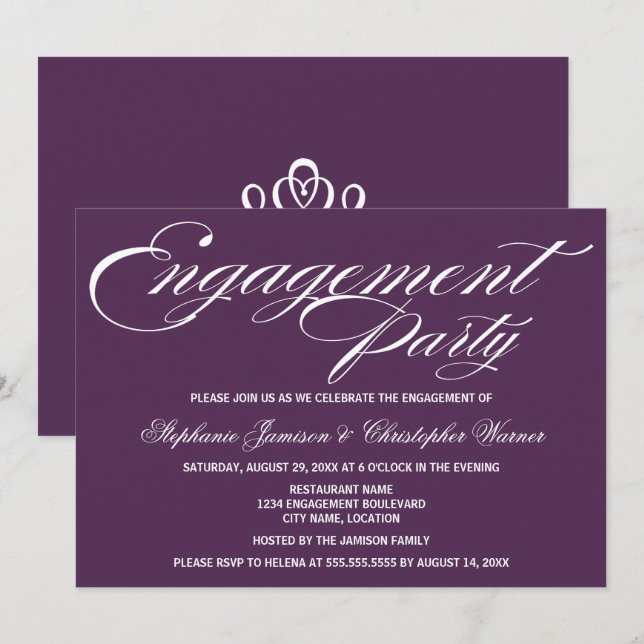 Calligraphy Elegance Eggplant Engagement Party Invitation (Front/Back)