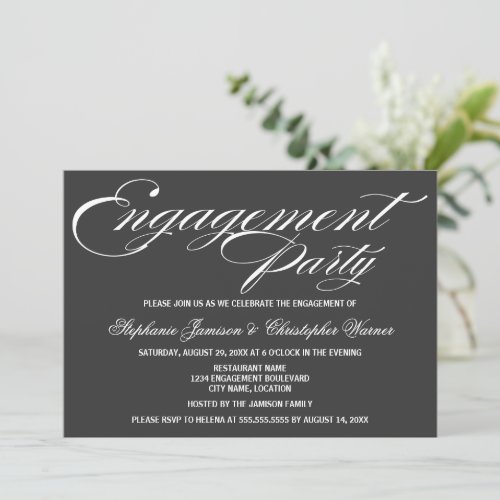 Calligraphy Elegance Gray Engagement Party Custom Invitations