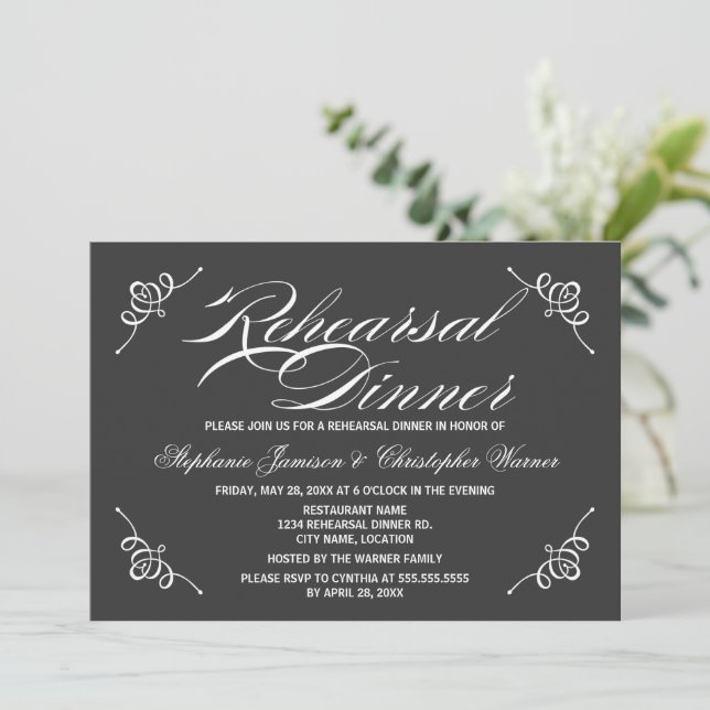 Calligraphy Elegance Gray Rehearsal Dinner Invitation (Standing Front)