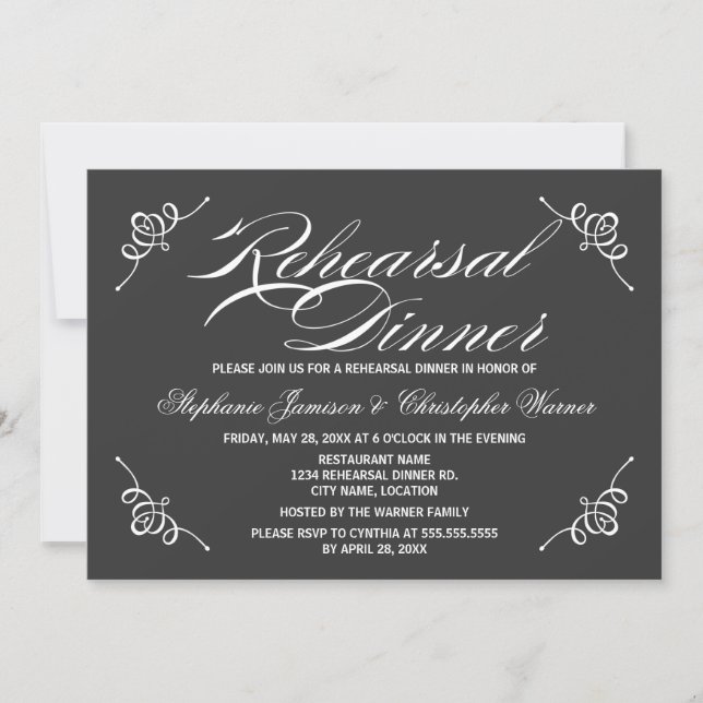 Calligraphy Elegance Gray Rehearsal Dinner Invitation (Front)