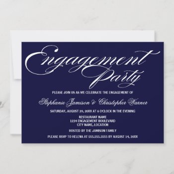 Calligraphy Elegance Navy Blue Engagement Party Invitation by SocialiteDesigns at Zazzle