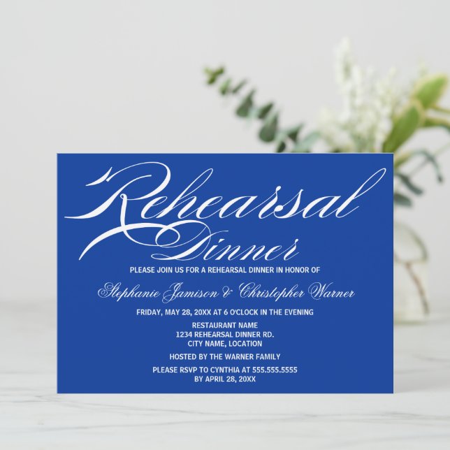 Calligraphy Elegance Royal Blue Rehearsal Dinner Invitation (Standing Front)