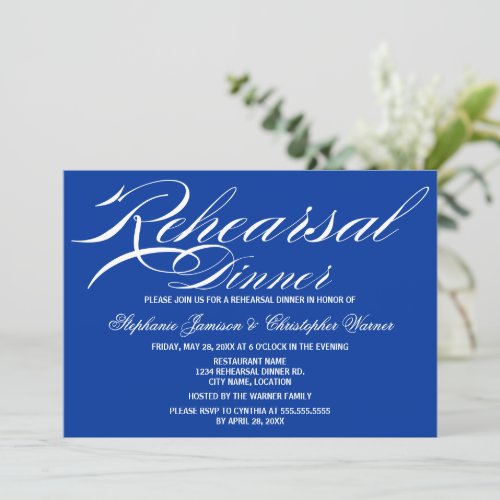 Calligraphy Elegance Royal Blue Rehearsal Dinner Invite
