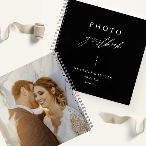 Calligraphy Elegant Black Wedding Photo Guestbook Notebook