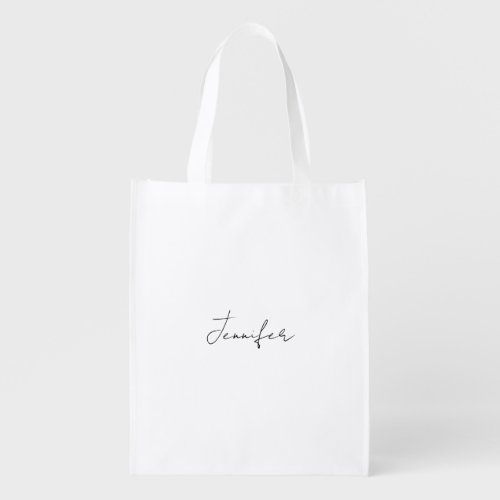 Calligraphy Elegant Black White Plain Simple Name Grocery Bag