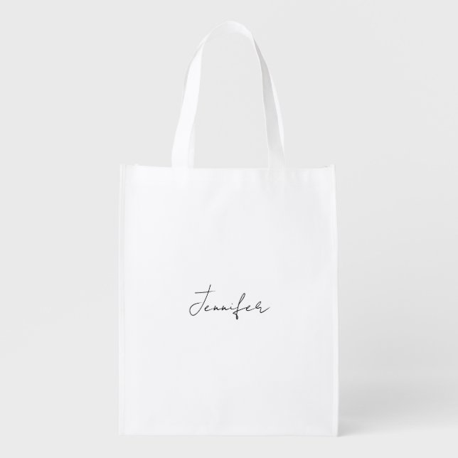 Calligraphy Elegant Black White Plain Simple Name Grocery Bag (Front)