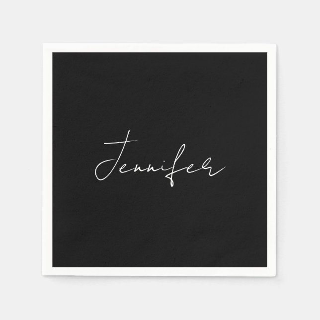 Calligraphy Elegant Black White Plain Simple Name Napkins (Front)