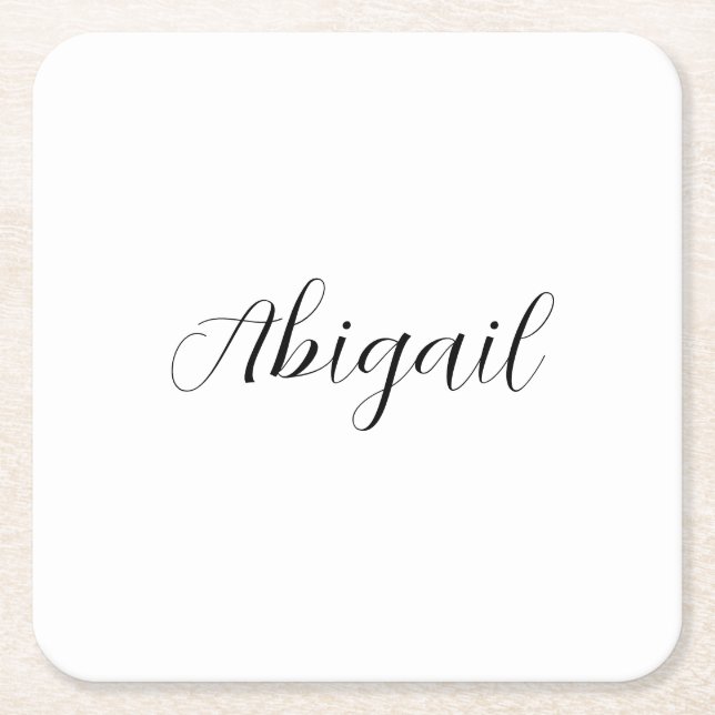 Calligraphy Elegant Black White Plain Simple Name Square Paper Coaster (Front)