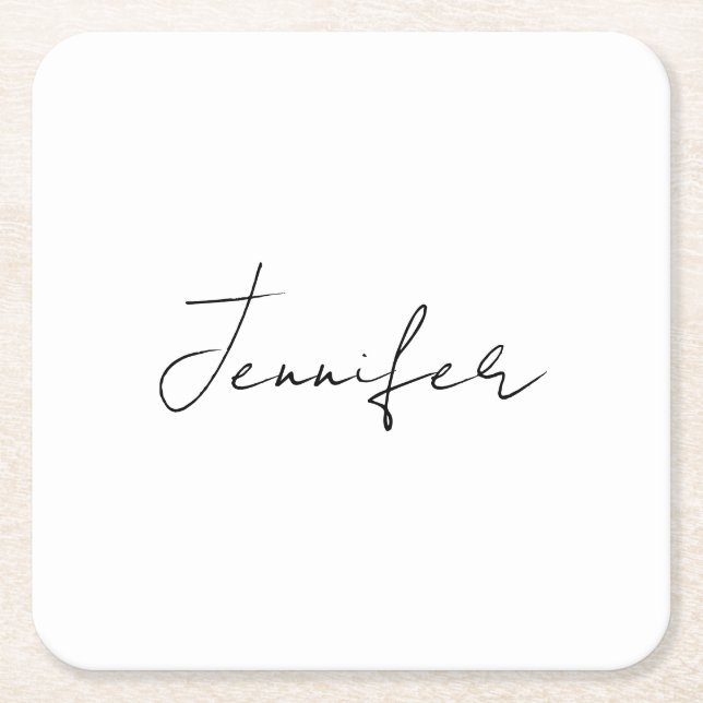 Calligraphy Elegant Black White Plain Simple Name Square Paper Coaster (Front)