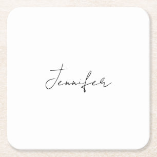 Calligraphy Elegant Black White Plain Simple Name Square Paper Coaster