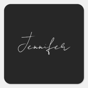 Calligraphy Elegant Black White Plain Simple Name Square Sticker