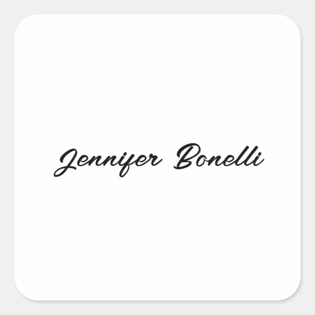 Calligraphy Elegant Black White Plain Simple Name Square Sticker (Front)