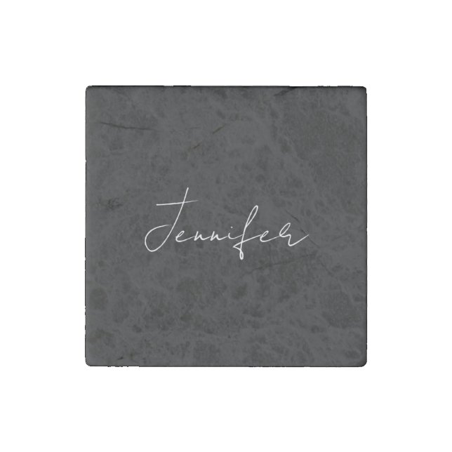 Calligraphy Elegant Black White Plain Simple Name Stone Magnet (Front)