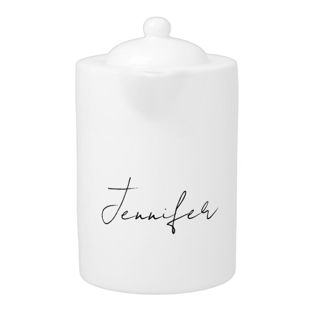 Calligraphy Elegant Black White Plain Simple Name Teapot (Front)