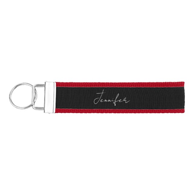 Calligraphy Elegant Black White Plain Simple Name Wrist Keychain (Keys on Left)