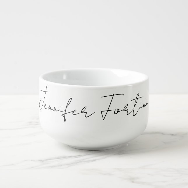 Calligraphy Elegant Black & White Plain Simple Soup Mug (Front)