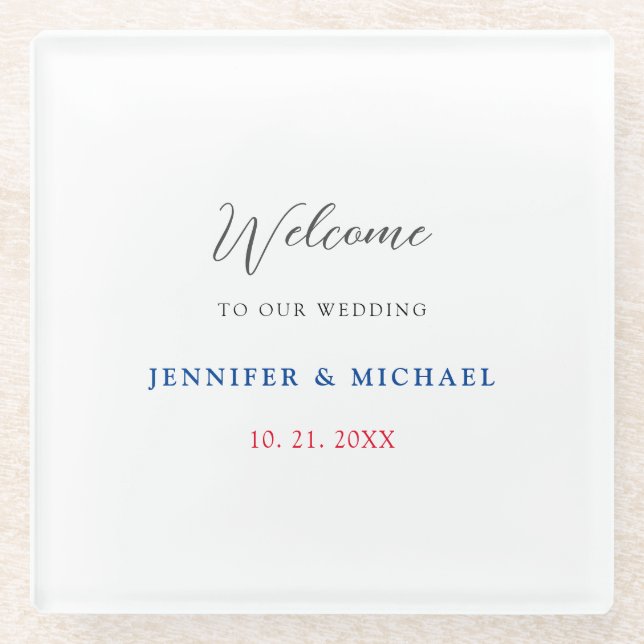 Calligraphy Elegant Black & White Welcome Wedding Glass Coaster (Front)