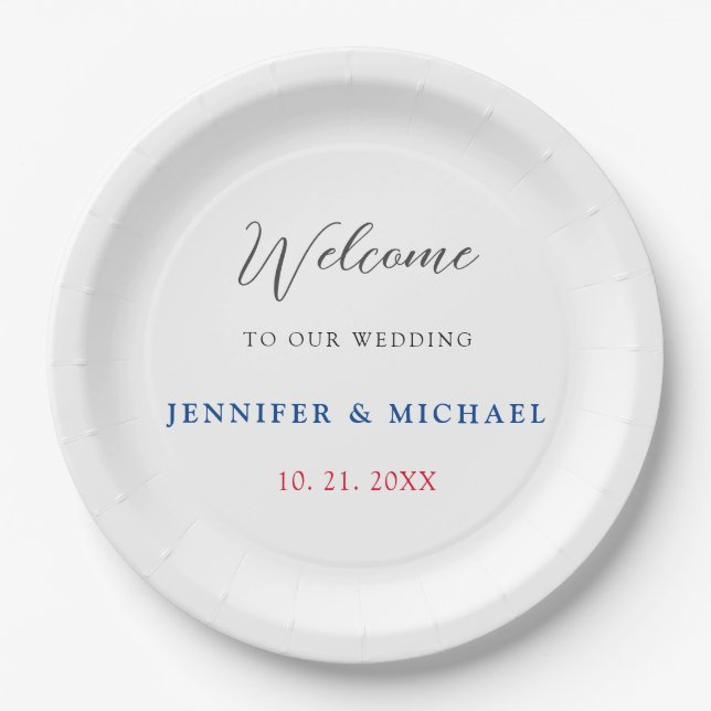 Calligraphy Elegant Black & White Welcome Wedding Paper Plates (Front)