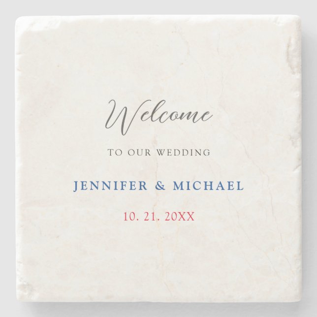 Calligraphy Elegant Black & White Welcome Wedding Stone Coaster (Front)