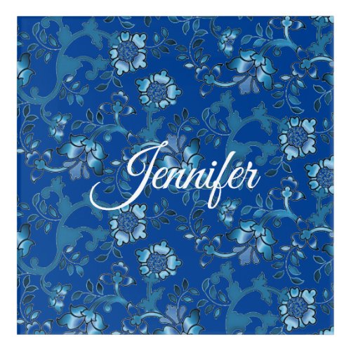 Calligraphy Elegant Blue Floral Custom Name Acrylic Print