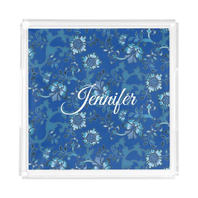 Calligraphy Elegant Blue Floral Custom Name Acrylic Tray (Front)