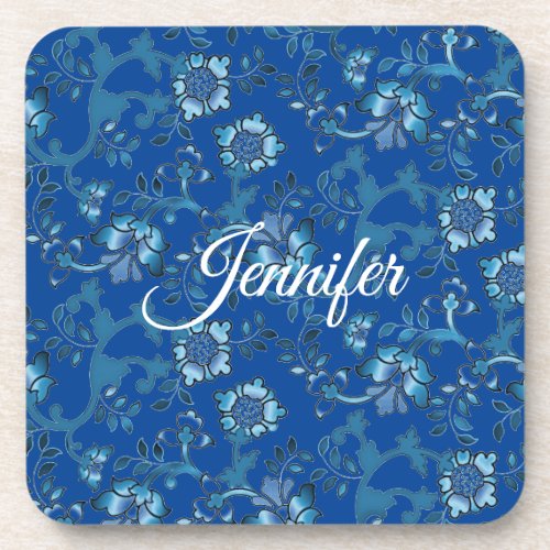 Calligraphy Elegant Blue Floral Custom Name Beverage Coaster