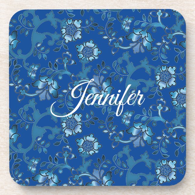 Calligraphy Elegant Blue Floral Custom Name Beverage Coaster (Front)