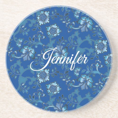 Calligraphy Elegant Blue Floral Custom Name Coaster