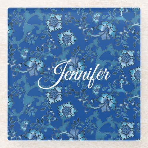 Calligraphy Elegant Blue Floral Custom Name Glass Coaster