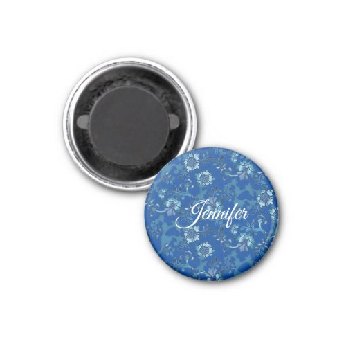 Calligraphy Elegant Blue Floral Custom Name Magnet