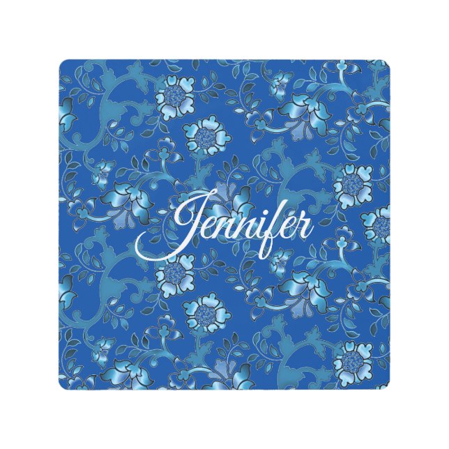 Calligraphy Elegant Blue Floral Custom Name Metal Print (Front)