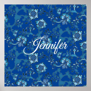Calligraphy Elegant Blue Floral Custom Name Poster