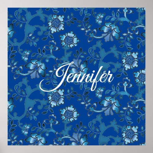 Calligraphy Elegant Blue Floral Custom Name Poster