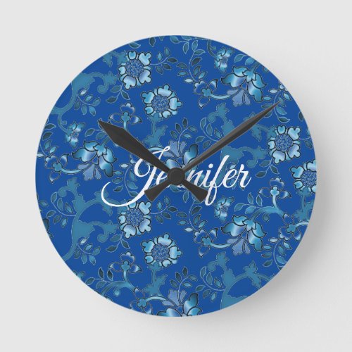 Calligraphy Elegant Blue Floral Custom Name Round Clock