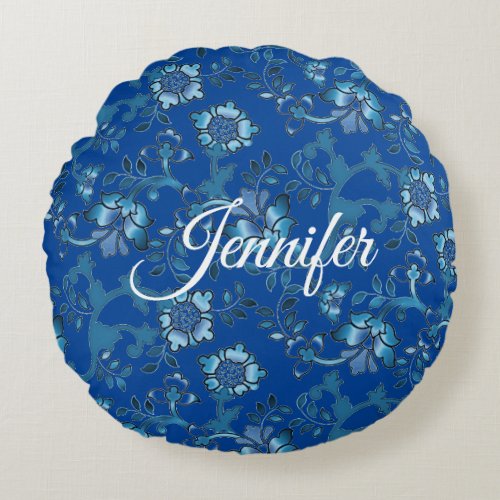 Calligraphy Elegant Blue Floral Custom Name Round Pillow