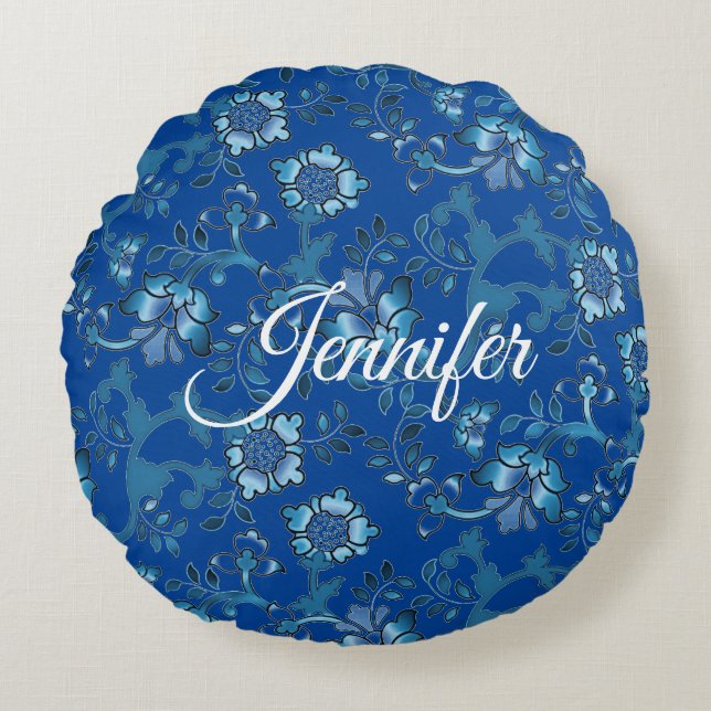 Calligraphy Elegant Blue Floral Custom Name Round Pillow (Front)