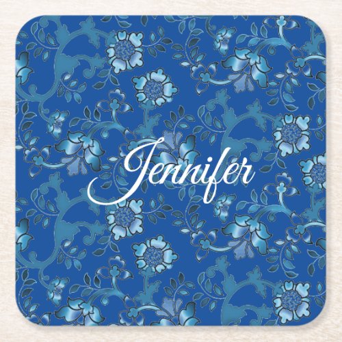 Calligraphy Elegant Blue Floral Custom Name Square Paper Coaster