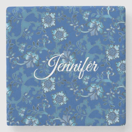 Calligraphy Elegant Blue Floral Custom Name Stone Coaster