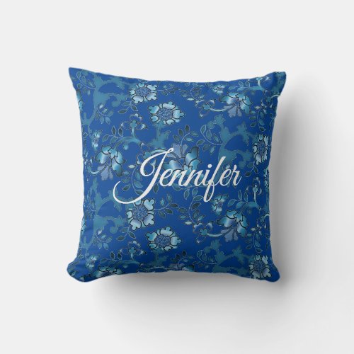 Calligraphy Elegant Blue Floral Custom Name Throw Pillow