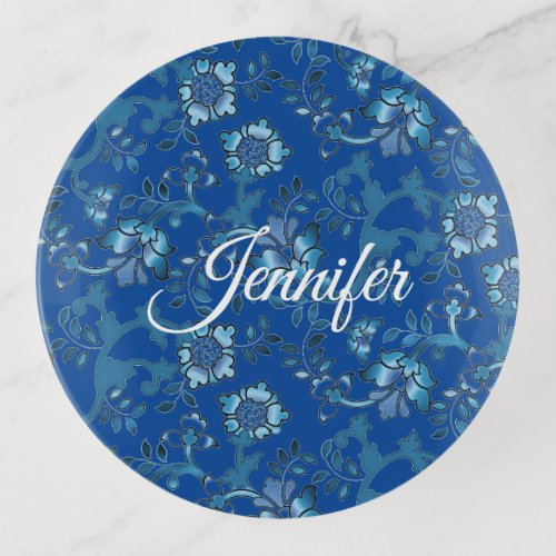 Calligraphy Elegant Blue Floral Custom Name Trinket Tray