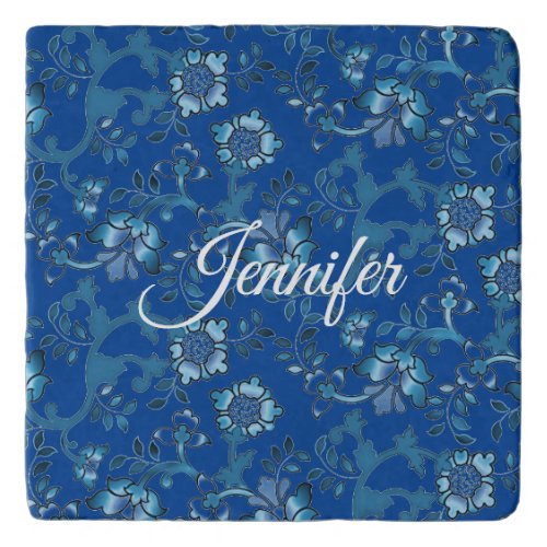 Calligraphy Elegant Blue Floral Custom Name Trivet
