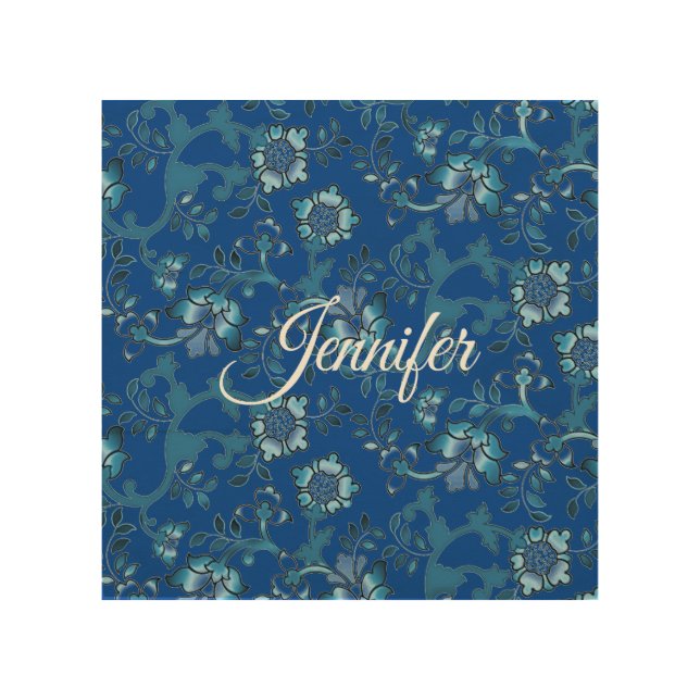 Calligraphy Elegant Blue Floral Custom Name Wood Wall Art (Front)
