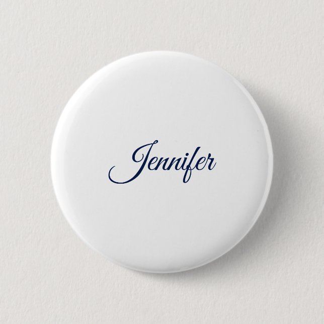 Calligraphy Elegant Blue White Plain Simple Name Button (Front)